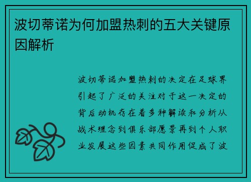 波切蒂诺为何加盟热刺的五大关键原因解析