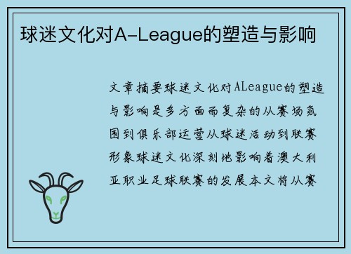 球迷文化对A-League的塑造与影响