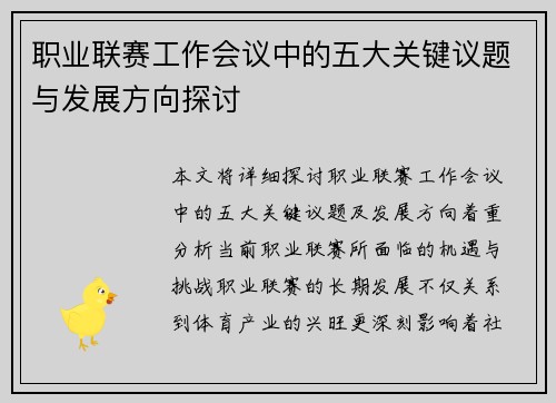 职业联赛工作会议中的五大关键议题与发展方向探讨