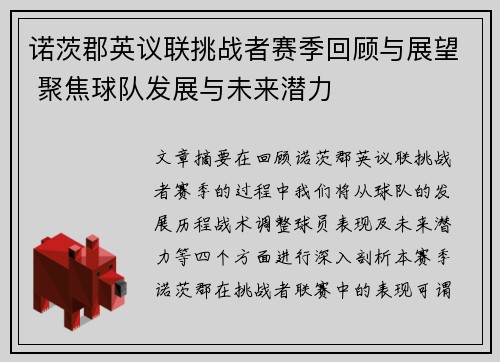 诺茨郡英议联挑战者赛季回顾与展望 聚焦球队发展与未来潜力