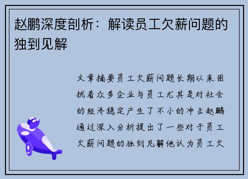 赵鹏深度剖析：解读员工欠薪问题的独到见解