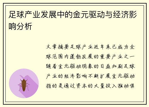 足球产业发展中的金元驱动与经济影响分析 足球产业发展中的金元驱动与经济影响分析